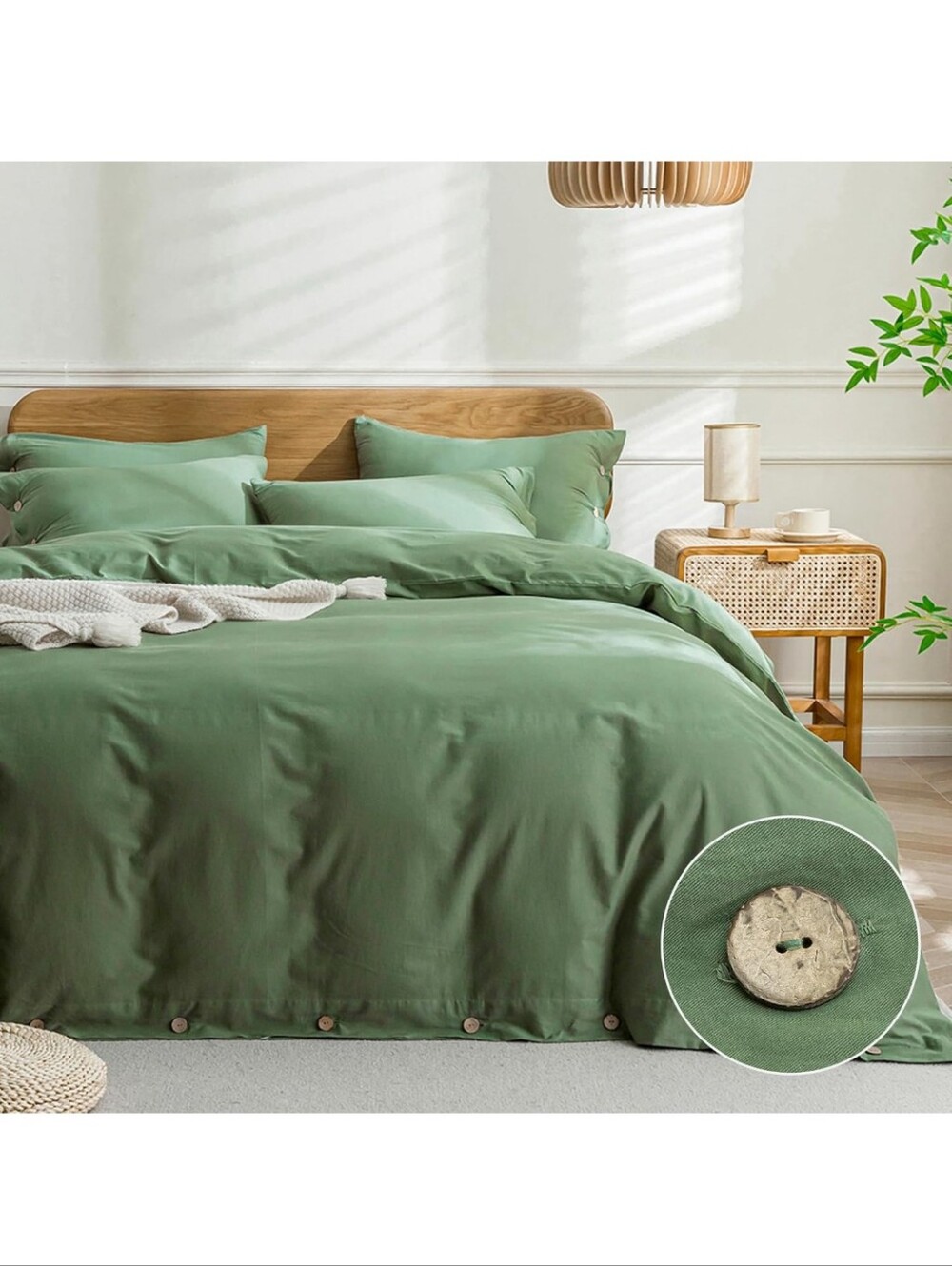 JELLYMONI Cotton Duvet Cover King Size - Green Comforter Cover with Button 100%